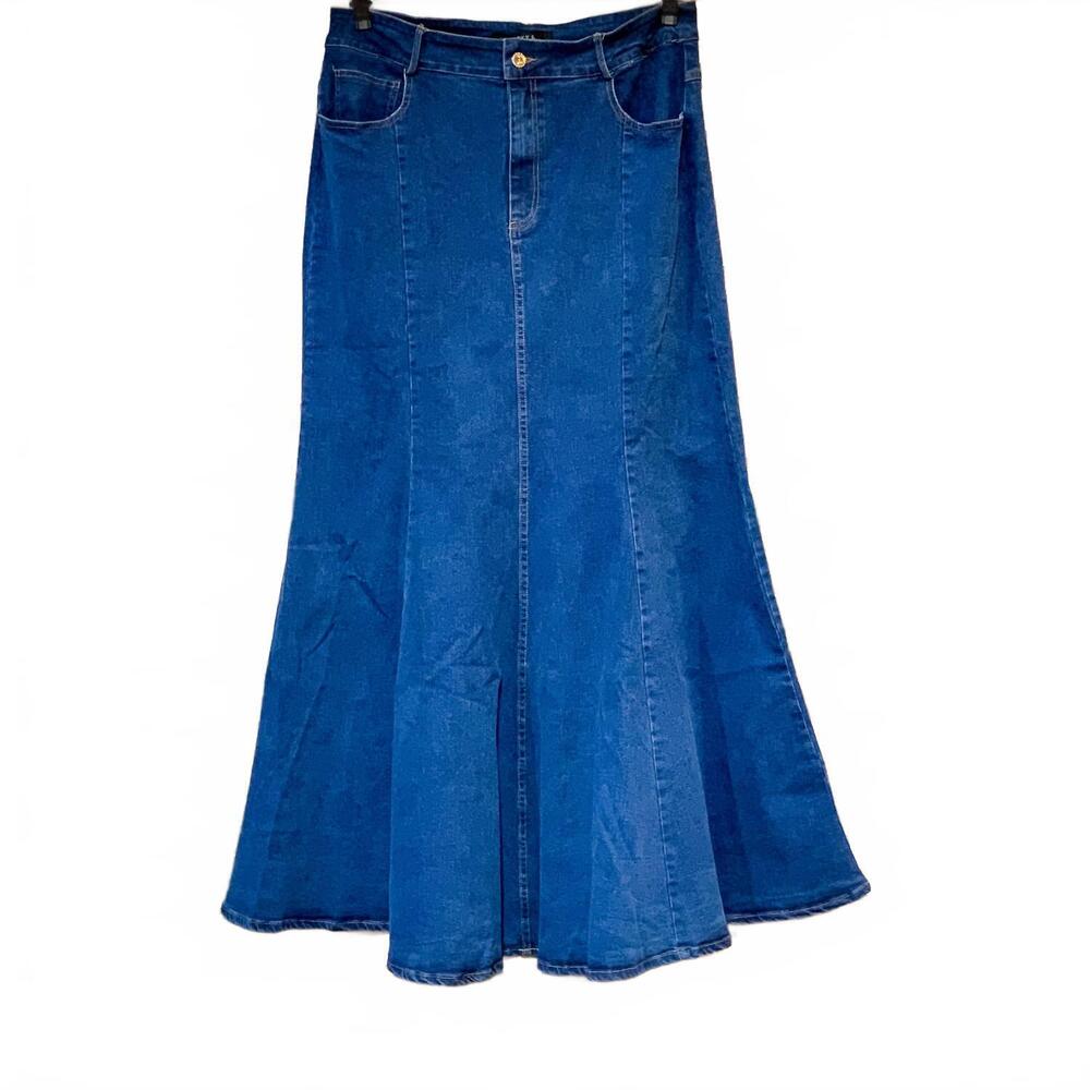 NEW LUCKY & BLESSED women's ruffled hem maxi skirt in denim blue